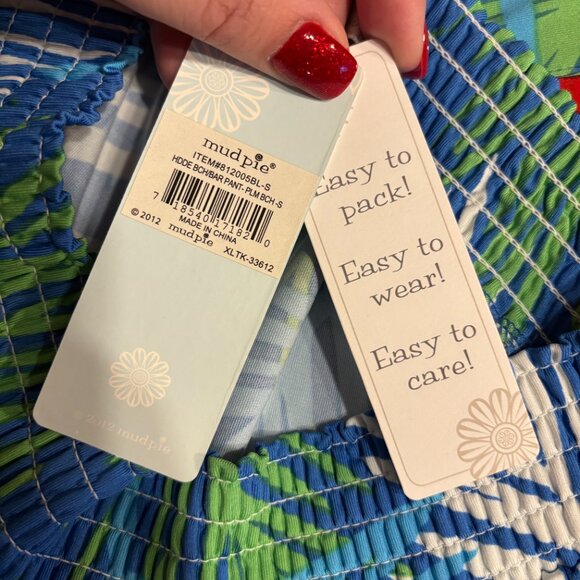 Mud Pie Beach to Bar Palm Leaf Flowy Tropical Pants with Elastic Tie Waist ~ NWT - Picture 4 of 4